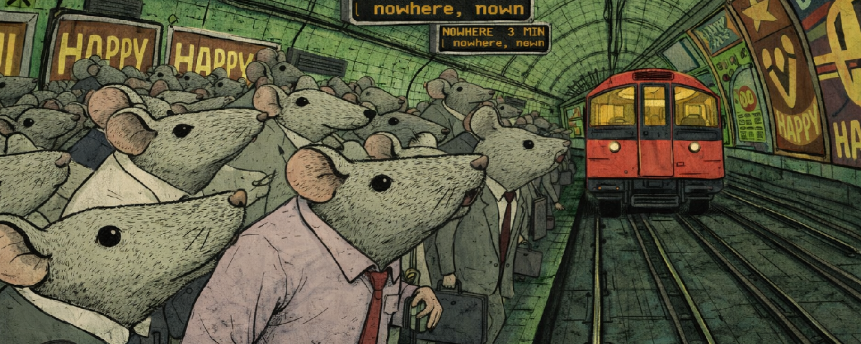 Rats in business attire crowding a subway platform